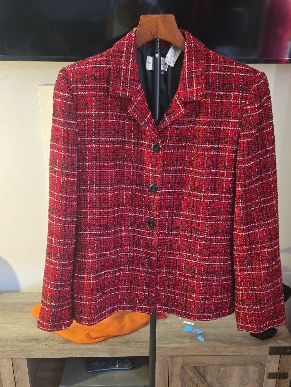 villager Red Plaid Tweed Button-Front Blazer